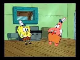 Spongebob and Patrick staring at each other while covering their mouths in disbelief.